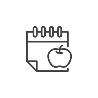 Diyet günü ikonu. Mobil konsept ve web tasarımı için doğrusal biçim işareti. Takvim ve elma çizgisi vektör simgesi. Sembol, logo çizimi. Vektör grafikleri