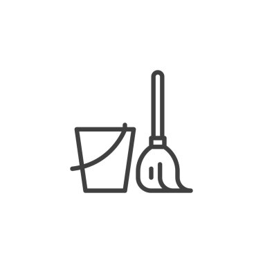 Paspas ve kova hattı ikonu. Mobil konsept ve web tasarımı için doğrusal biçim işareti. Kova ve süpürge ana hatları vektör simgesi. Sembol, logo çizimi. Vektör grafikleri