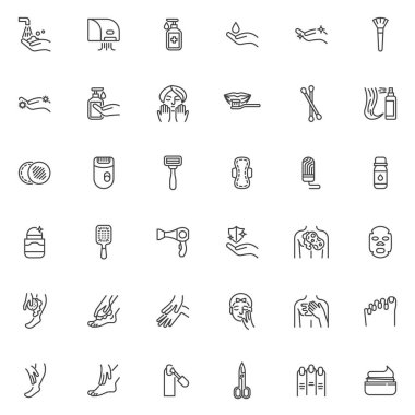 Skincare and bodycare line icons set. linear style symbols collection, outline signs pack. Personal hygiene vector graphics. Set includes icons as hands washing, face mask, Feminine hygiene tampon