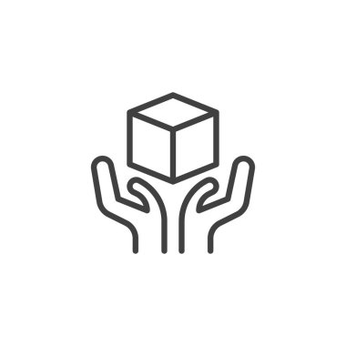 Dikkat çizgisi simgesiyle tut. Mobil konsept ve web tasarımı için doğrusal biçim işareti. Eller teslimat kutusu ana hatlı vektör simgesi. Sembol, logo çizimi. Vektör grafikleri