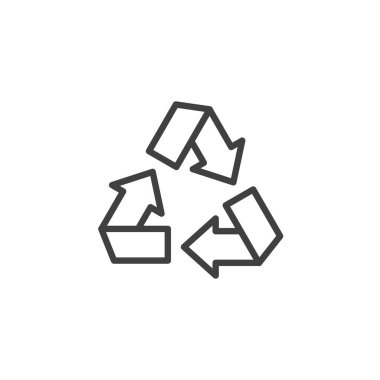 Geri dönüştürülmüş ambalaj işareti simgesi. Mobil konsept ve web tasarımı için doğrusal biçim işareti. Üç ok üçgeni dış hat vektör simgesi. Sembol, logo çizimi. Vektör grafikleri