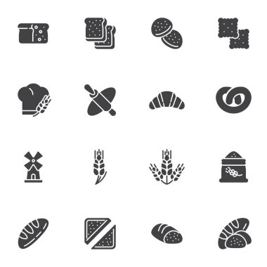 Fırın vektör simgeleri seti, modern katı sembol koleksiyonu, doldurulmuş biçim piktogram paketi. İşaretler, logo illüstrasyonu. Sette pasta, ekmek, kraker, kruvasan, sandviç, kurabiye, taze para gibi simgeler yer alıyor