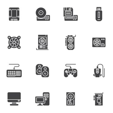 Bilgisayar donanım vektör simgeleri seti, modern katı sembol koleksiyonu, doldurulmuş biçim piktogram paketi. İşaretler, logo illüstrasyonu. Masaüstü bilgisayar monitörü, hdd, klavye, güç kaynağı olarak simgeleri küme