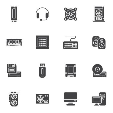 PC components vector icons set, modern solid symbol collection, computer hardware filled style pictogram pack. Signs logo illustration. Set includes icons as headphones, sound speaker, usb flash, disc