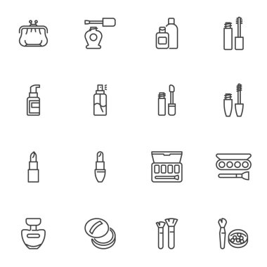 Makyaj çizgisi simgeleri seti, ana hatlı vektör sembolü koleksiyonu, doğrusal resim paketi. İşaretler, logo illüstrasyonu. Set, parfüm şişesi, göz farı, ruj, rimel fırçası gibi simgeleri içerir