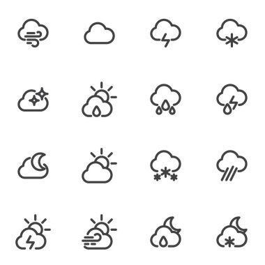 Weather, meteorology line icons set, outline vector symbol collection, linear style pictogram pack. Signs, logo illustration. Set includes icons as rainy cloud, snow, wind, stormy weather cloud, sun