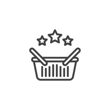 Derecelendirme çizgisi simgesini sakla. Mobil konsept ve web tasarımı için doğrusal biçim işareti. Alışveriş sepeti ve yıldız taslak vektör ikonu. Sembol, logo çizimi. Vektör grafikleri