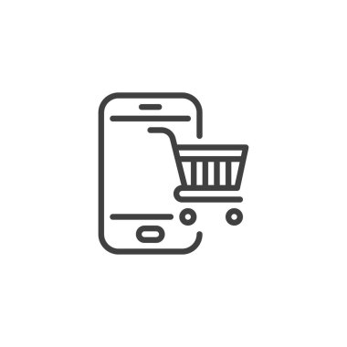Mobil alışveriş hattı simgesi. Mobil konsept ve web tasarımı için doğrusal biçim işareti. Alışveriş arabalı telefon vektör ikonu. Sembol, logo çizimi. Vektör grafikleri