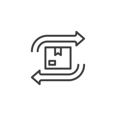 İade ve iade satırı simgesi. Mobil konsept ve web tasarımı için doğrusal biçim işareti. Paket kutusu ve oklar ana vektör simgesi. Sembol, logo çizimi. Vektör grafikleri