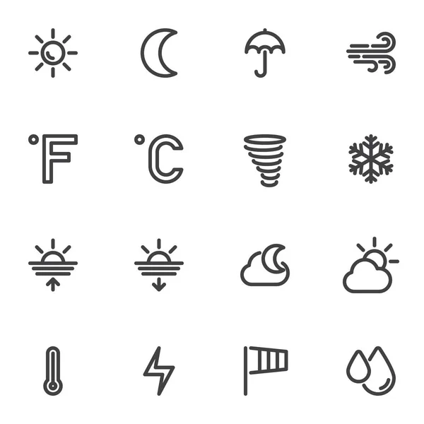 Forecast weather line icons set, outline vector symbol collection, linear style pictogram pack. Signs logo illustration. Set includes icons as thermometer temperature, sun, moon, tornado, night, cloud