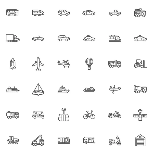 Vervoer Iconen Van Voertuiglijn Ingesteld Lineaire Stijl Symbolen Collectie Omtrek — Stockvector