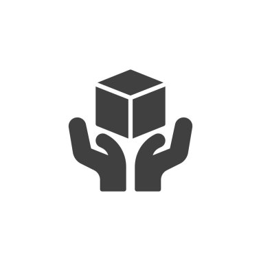 Dikkatli vektör simgesi ile tut. Mobil konsept ve web tasarımı için düz tabela. Eller teslimat kutusu simgesi. Sembol, logo çizimi. Vektör grafikleri