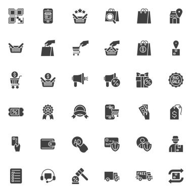 Alışveriş ve ekommerce vektör simgeleri seti, modern katı sembol koleksiyonu, doldurulmuş pictogram paketi. İşaretler, logo illüstrasyonu. İndirim rozeti olarak simgeler, büyük satış etiketi, derecelendirme, promosyon