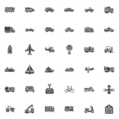 Ulaşım, araç vektör simgeleri seti, modern katı sembol koleksiyonu, doldurulmuş resim paketi. İşaretler, logo illüstrasyonu. Set, inşaat kamyonu, tren, otobüs, taksi vagonu gibi simgeleri içeriyor
