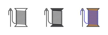 Thread spool and needle icon. Line, glyph and filled outline colorful version, outline and filled vector sign. Embroidery symbol, logo illustration. Different style icons set. Vector graphics