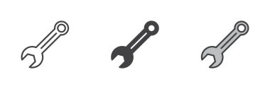 Anahtar aracı simgesi. Çizgi, kabartma ve doldurulmuş renkli versiyon, anahtar çizgisi ve doldurulmuş vektör işareti. Sembol, logo çizimi. Farklı biçim simgeleri seti. Vektör grafikleri