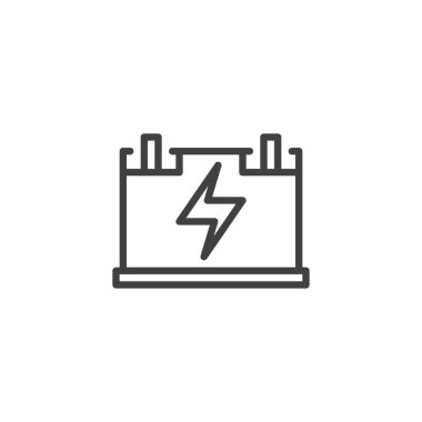 Araba aküsü çizgisi simgesi. Mobil konsept ve web tasarımı için doğrusal biçim işareti. Elektrikli pil taslak vektör simgesi. Sembol, logo çizimi. Vektör grafikleri