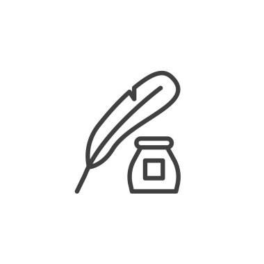Inkwell and feather pen line icon. linear style sign for mobile concept and web design. Ink calligraphy vector icon. Symbol, logo illustration. Vector graphics