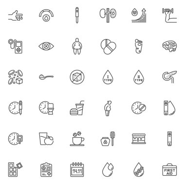 Diabetes treatment line icons set. linear style symbols collection, outline signs pack. Diabetic equipment vector graphics. Set includes icons as blood glucose level, insulin injection, sugar spoon