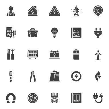 Electricity energy vector icons set, modern solid symbol collection, filled style pictogram pack. Signs logo illustration. Set includes icons as socket plug, switch button, electrician man, multimeter