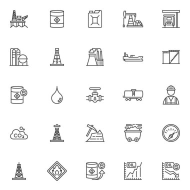 Oil industry line icons set. linear style symbols collection, outline signs pack. Gas and oil vector graphics. Set includes icons as crude oil price, petroleum, gas station, drilling platform, barrel