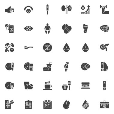 Diabetes treatment vector icons set, modern solid symbol collection, filled style pictogram pack. Signs, logo illustration. Set includes icons as blood glucose level, insulin injection, sugar spoon