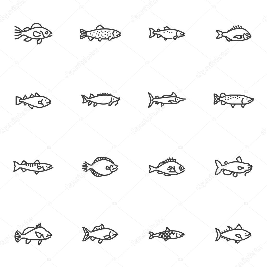 Commercial fish line icons set. linear style symbols collection, outline signs pack. Seafood fish vector graphics. Set includes icons asTuna, sea bass, trout, salmon, dorado, sardine, codfish, carp