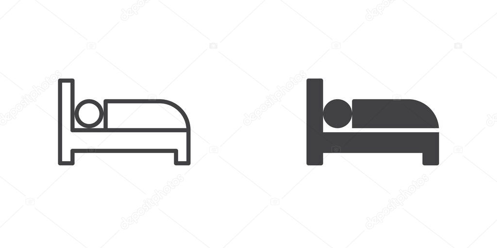 Sleeping person icon. Man on a bed line and glyph version, outline and filled vector sign. linear and full pictogram. Symbol, logo illustration. Different style icons set