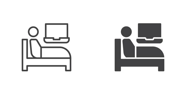 Man Bed Laptop Icon Line Glyph Version Outline Filled Vector — Stock vektor