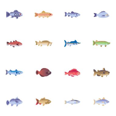 Commercial fish collection flat icons set, Colorful symbols pack contains - Tuna, sea bass, trout, salmon, dorado, sardine, codfish, carp. Vector illustration. Flat style design