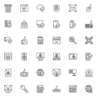 Cyber security line icons set. linear style symbols collection outline signs pack. Cyber Attack vector graphics. Set includes icons as password code, face id scan, computer hacker protection, phishing