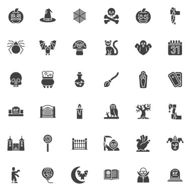 Halloween celebration vector icons set, modern solid symbol collection, filled style pictogram pack. Signs, logo illustration. Set includes icons as crazy pumpkin, spider web, ghost, tombstone, zombie