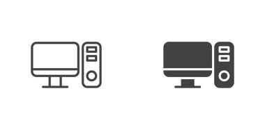 Desktop computer icon, line and glyph version, outline and filled vector sign. PC tower and monitor linear and full pictogram. Symbol, logo illustration. Different style icons set
