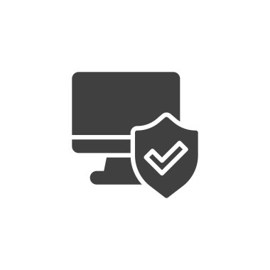 Computer protection vector icon. filled flat sign for mobile concept and web design. PC monitor and shield glyph icon. Symbol, logo illustration. Vector graphics