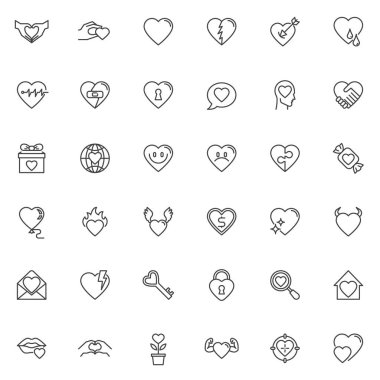 Heart line icons set. Love linear style symbols collection, outline signs pack. Valentine day related vector graphics. Set includes icons - broken heart, romantic letter, search love, wedding, charity