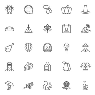 Thanksgiving holiday line icons set. linear style symbols collection, outline signs pack. Thanksgiving related vector graphics. Set includes icons as turkey bird, pilgrim hat, native american, teepee