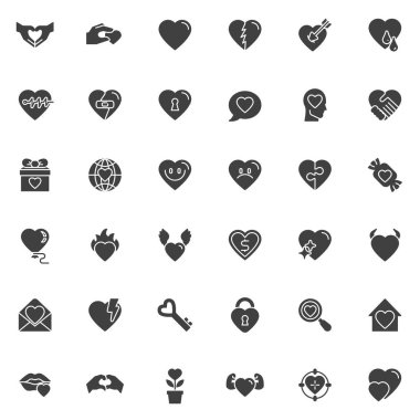 Heart vector icons set, modern solid symbol collection, filled style pictogram pack. Signs, logo illustration. Set includes icons as broken heart, romantic letter, search love, wedding, charity