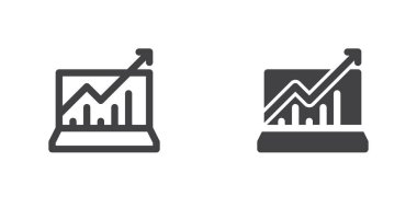 Business statistics screen icon, line and glyph version, outline and filled vector sign. Laptop with upward arrow linear and full pictogram. Symbol, logo illustration. Different style icons set