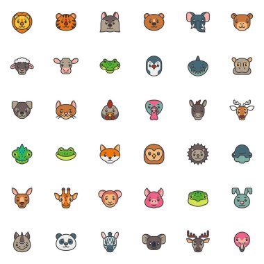 Cartoon animals filled outline icons set, line vector symbol collection, linear colorful pictogram pack. Signs, logo illustration, Set includes icons as lion head, tiger face, wolf, funny elephant
