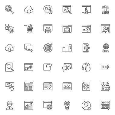 SEO line icons set. Web development linear style symbols collection, outline signs pack. Search engine optimization vector graphics. Set includes icons - cloud computing, search result, mail marketing