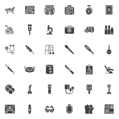 Medical equipment vector icons set, modern solid symbol collection, filled style pictogram pack. Signs, logo illustration. Set includes icons as Hospital Stretcher, EKG Machine, Surgical Light, X-ray