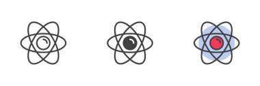 Atom yapısı simgesi. Çizgi, kabartma ve doldurulmuş renkli versiyon, ana hatlar ve doldurulmuş vektör işareti. Sembol, logo çizimi. Moleküler modelleme farklı biçim simgeleri seti. Vektör grafikleri