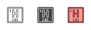Hidrojen kimyasal element simgesi. Çizgi, kabartma ve doldurulmuş renkli versiyon, ana hatlar ve doldurulmuş vektör işareti. Sembol, logo çizimi. Farklı biçim simgeleri seti. Vektör grafikleri