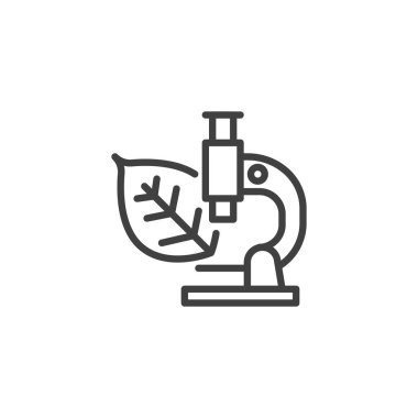 Mikroskop ve yaprak çizgisi simgesi. Mobil konsept ve web tasarımı için doğrusal biçim işareti. Biyoloji araştırma ana hatları vektör ikonu. Sembol, logo çizimi. Vektör grafikleri