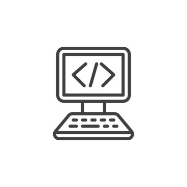 Programlama, kodlama çizgisi simgesi. Mobil konsept ve web tasarımı için doğrusal biçim işareti. Bilgisayar kodu ana hatlı vektör simgesi. Sembol, logo çizimi. Vektör grafikleri