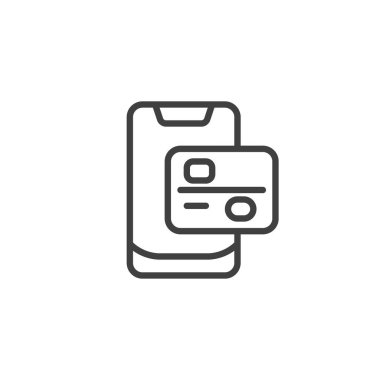 Mobil ödeme hattı simgesi. Mobil konsept ve web tasarımı için doğrusal biçim işareti. Telefon ve kredi kartı ana hatları vektör simgesi. Sembol, logo çizimi. Vektör grafikleri