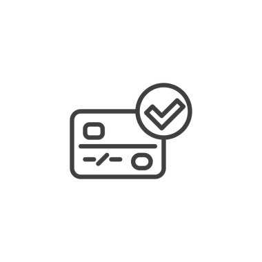 Onaylanmış ödeme çizgisi simgesi. Mobil konsept ve web tasarımı için doğrusal biçim işareti. Banka kartı ve işaret ana hat vektör simgesini kontrol et. Sembol, logo çizimi. Vektör grafikleri