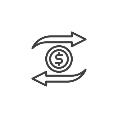 Para transferi simgesi. Mobil konsept ve web tasarımı için doğrusal biçim işareti. Dolar parası ve oklar vektör simgesini çiziyor. Sembol, logo çizimi. Vektör grafikleri