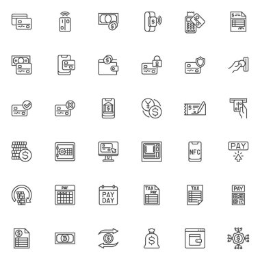 Ödeme ve finans hattı simgeleri ayarlandı. Doğrusal biçim sembolleri koleksiyonu, ana tabela işaretleri paketi. Vergi ödeme vektör grafikleri. Kümeler nakit para transferi, döviz kuru, banka kartı, vergi formu olarak simgeleri içerir