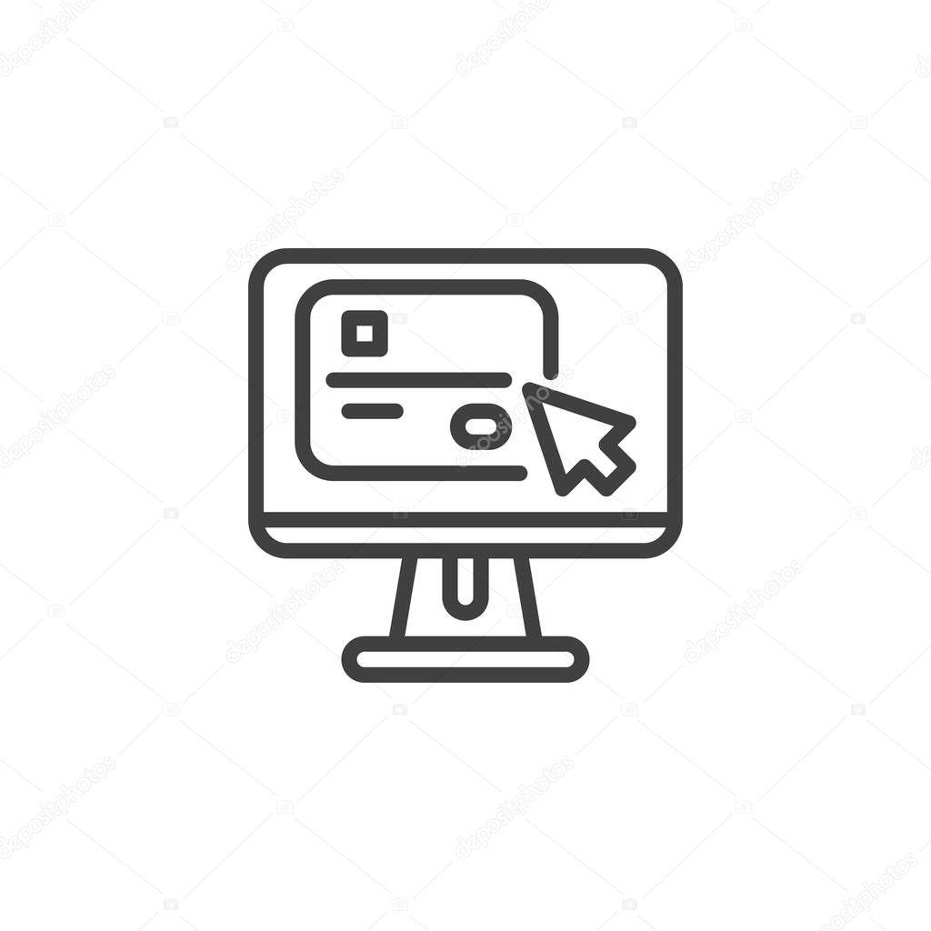 Online payment line icon. Computer monitor and credit card linear style sign for mobile concept and web design. Pay per click outline vector icon. Symbol, logo illustration. Vector graphics